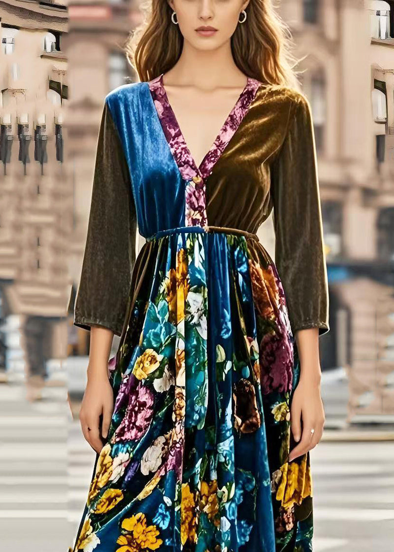 Silm Fit V Neck Patchwork Print Silk Velour Cinched Dresses Spring