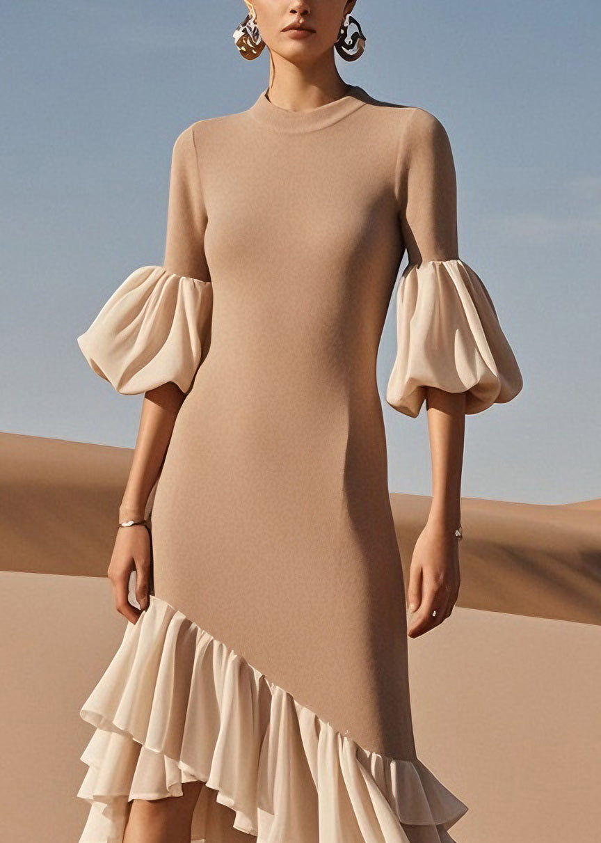Stylish O Neck Ruffled Patchwork Knit Sweater Dress Spring
