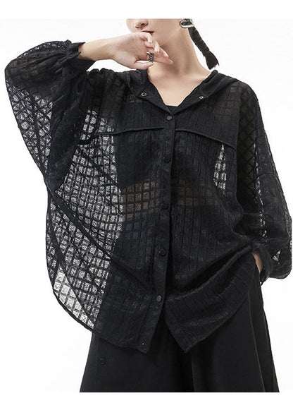 Loose Black Hollow Out Hooded Tulle Blouse Tops Batwing Sleeve