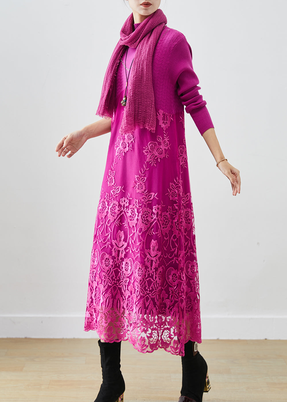 Rose Patchwork Knit Robe Dresses Embroideried Fall