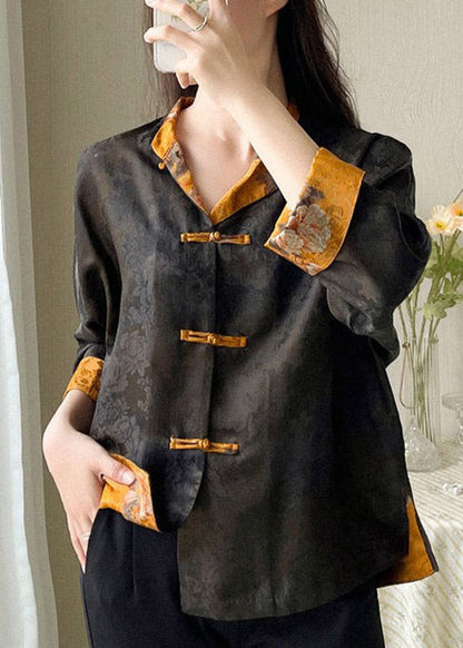 Stand Collar Print Button Side Open Silk Coat Long Sleeve