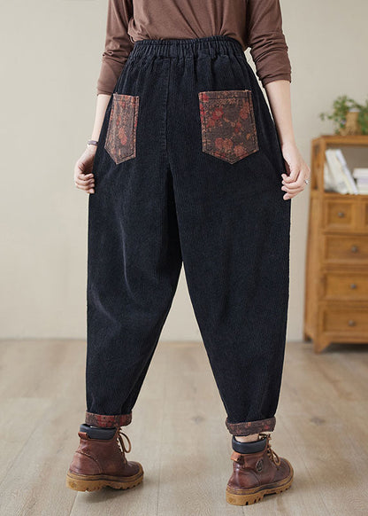 Black Print Patchwork Thick Corduroy Fleece Pants Winter
