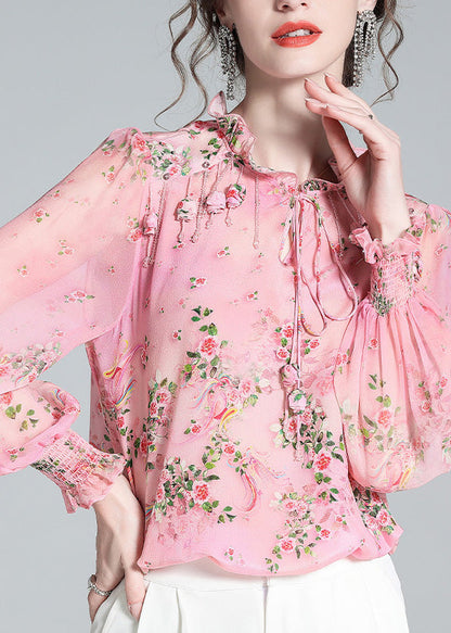 Pink Ruffled Print Tassel Neck Tiie Silk Shirt Long Sleeve Spring