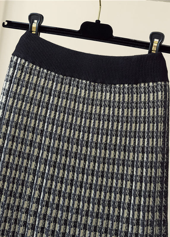 Natural Black Plaid Knit Pleated Skirt Spring