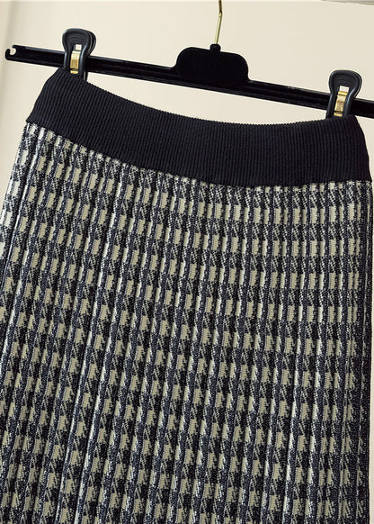 Natural Black Plaid Knit Pleated Skirt Spring