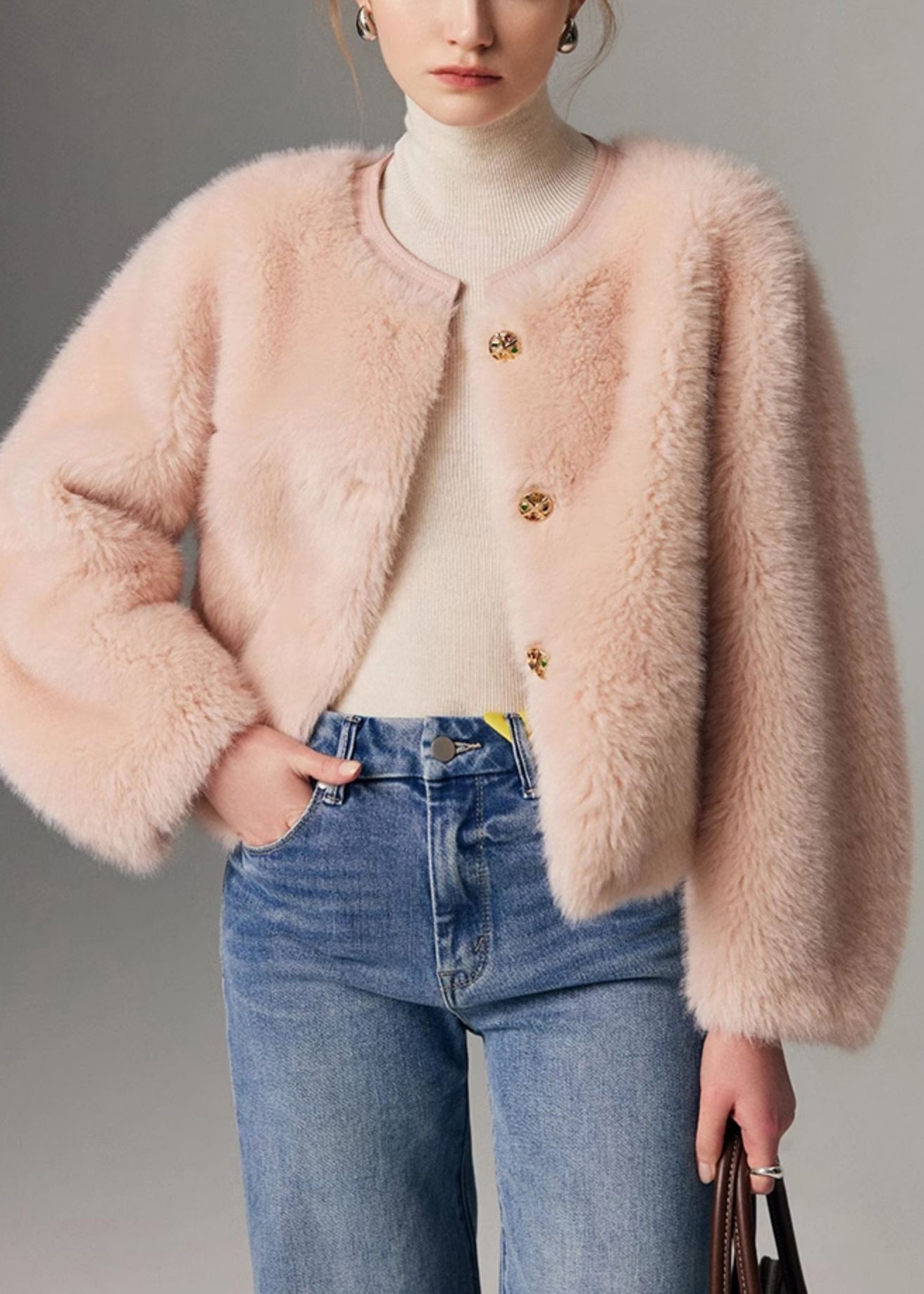 Italian Pink O Neck Button Leather and Fur Coat Winter