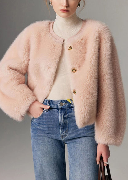Italian Pink O Neck Button Leather and Fur Coat Winter