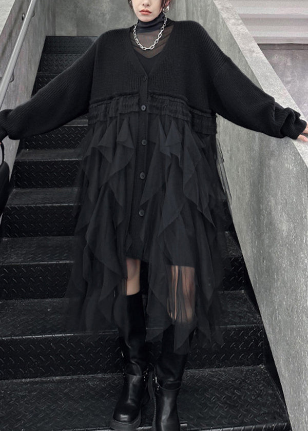 New Black V Neck Tulle Patchwork Cotton Knit Loose Cardigans Dresses Spring
