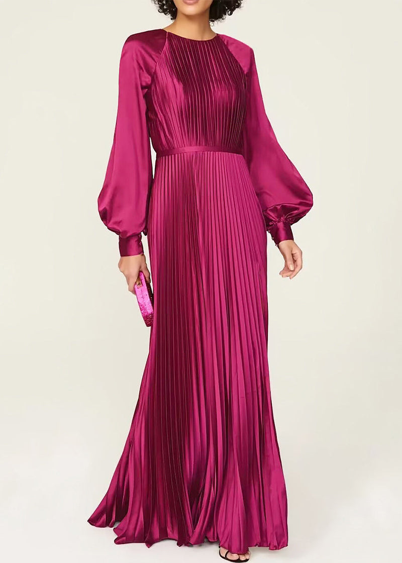 Wine Red O Neck Wrinkled High Waist Silk Dresses Fall