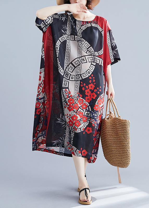 French O Neck Spring Tunics for Red Print Long Dress