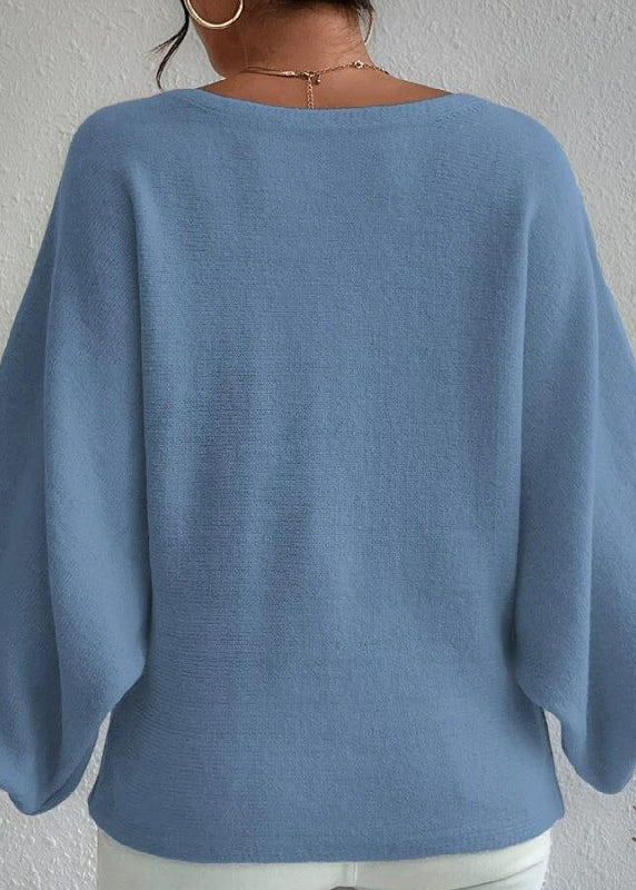 Blue Slash Neck Knit Sweaters Lantern Sleeve