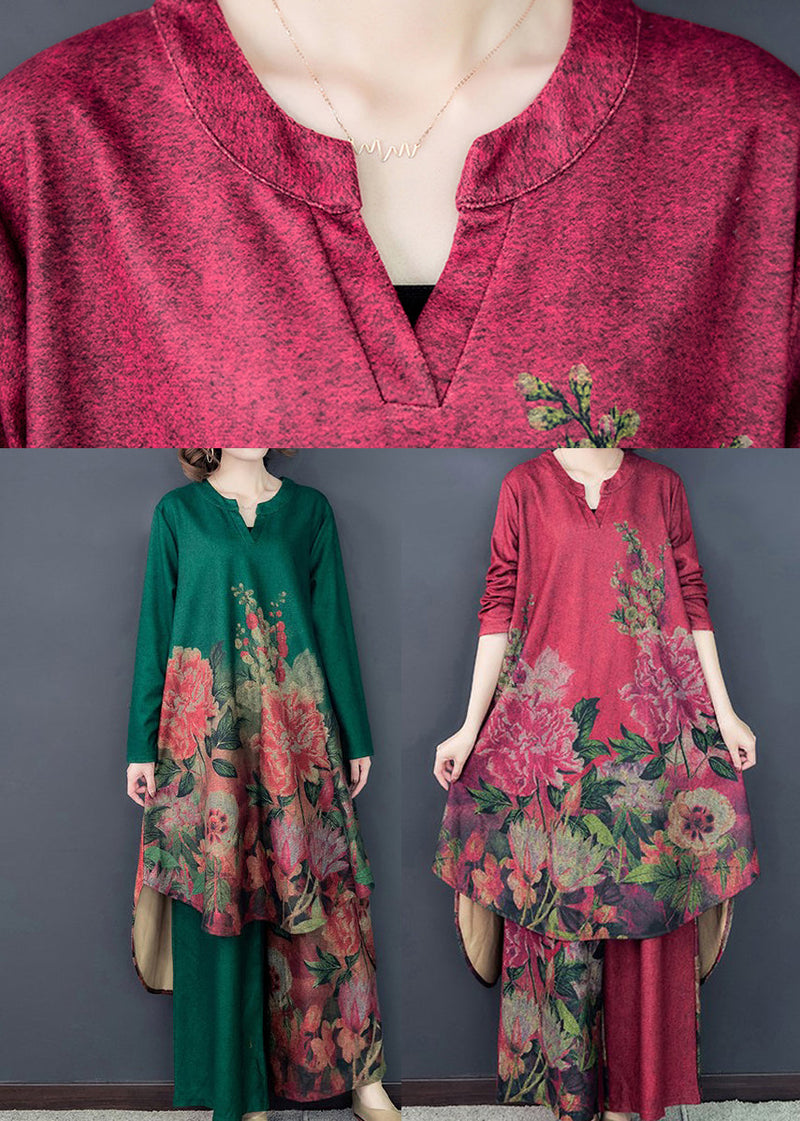 Loose Red Asymmetrical Print Silk Dress and Wide Leg Pants Two Pieces Set Spring