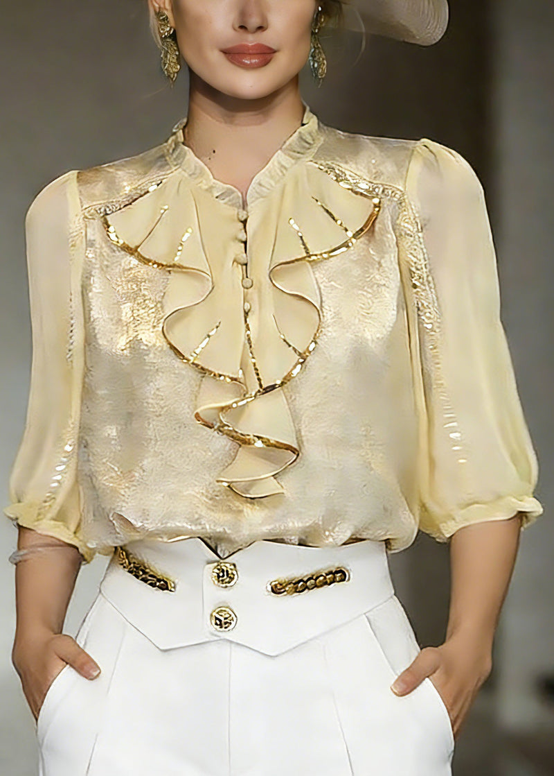 Yellow Stand Collar Ruffled Chiffon Shirt Summer