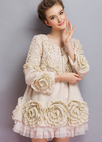 Beige O-neck Tulle Patchwork Applique Mink Velvet Coats Spring