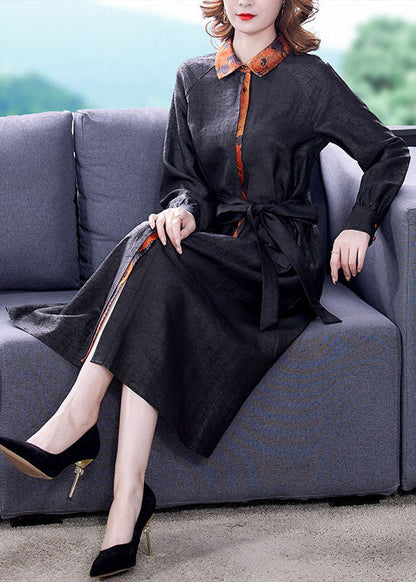 Black Patchwork Tie Waist Silk Fake Two Piece Trench Coat Long Sleeve
