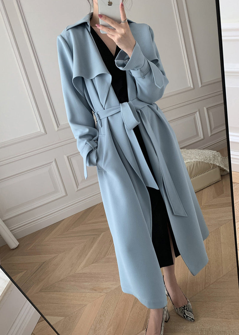 Boutique Blue Peter Pan Collar Pockets Trench Coats Long Sleeve Fall