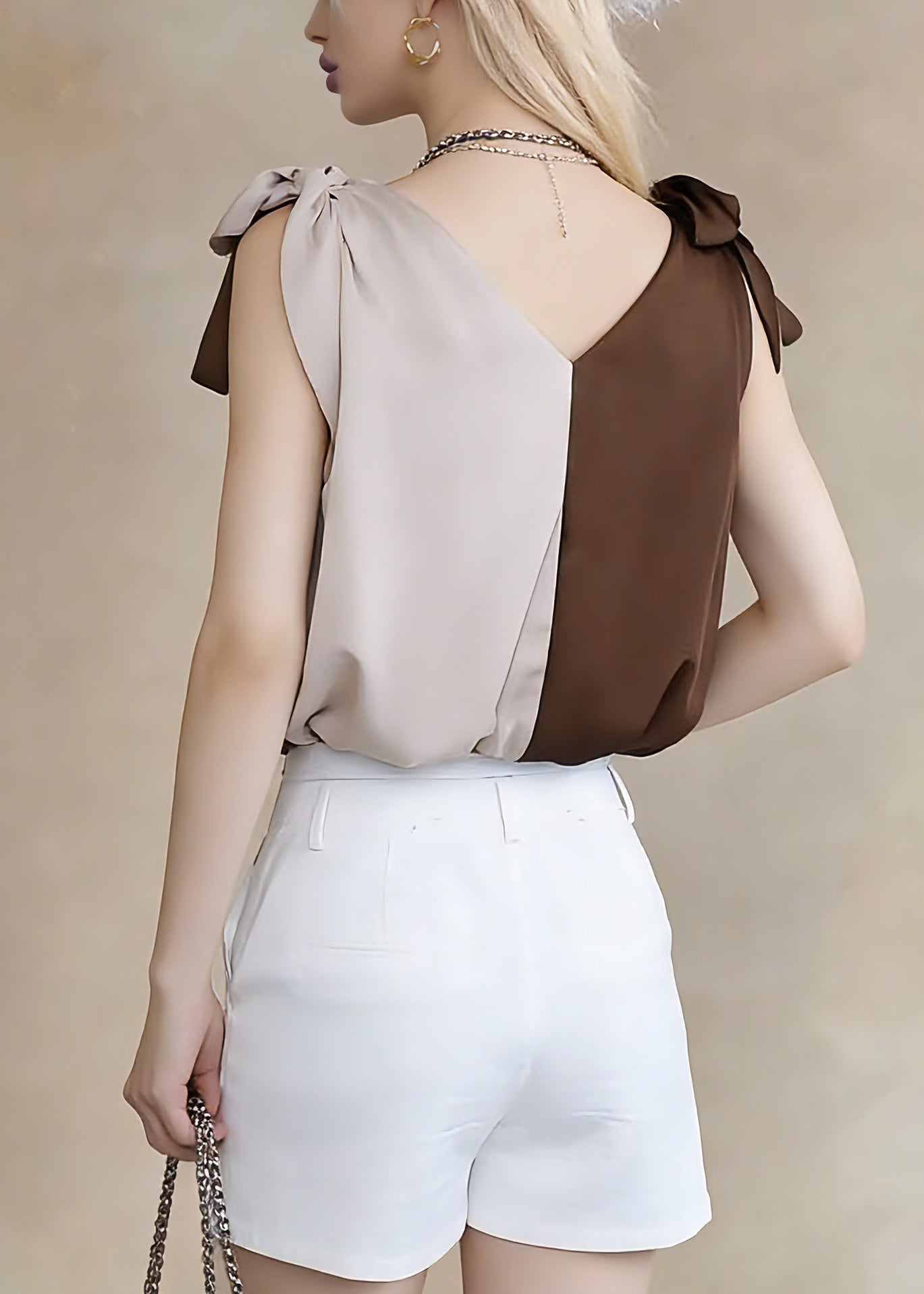 Colorblock V Neck Tie Lace Top Sleeveless