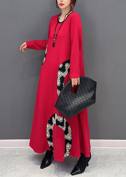 Red O Neck Print Patchwork Knit Long Dress Fall