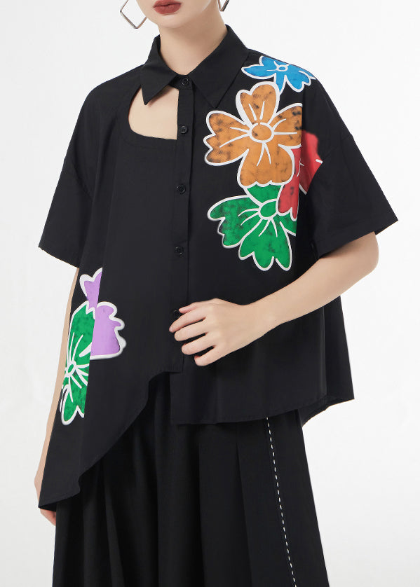 Black Asymmetrical Print Patchwork Cotton Shirts Short Sleeve