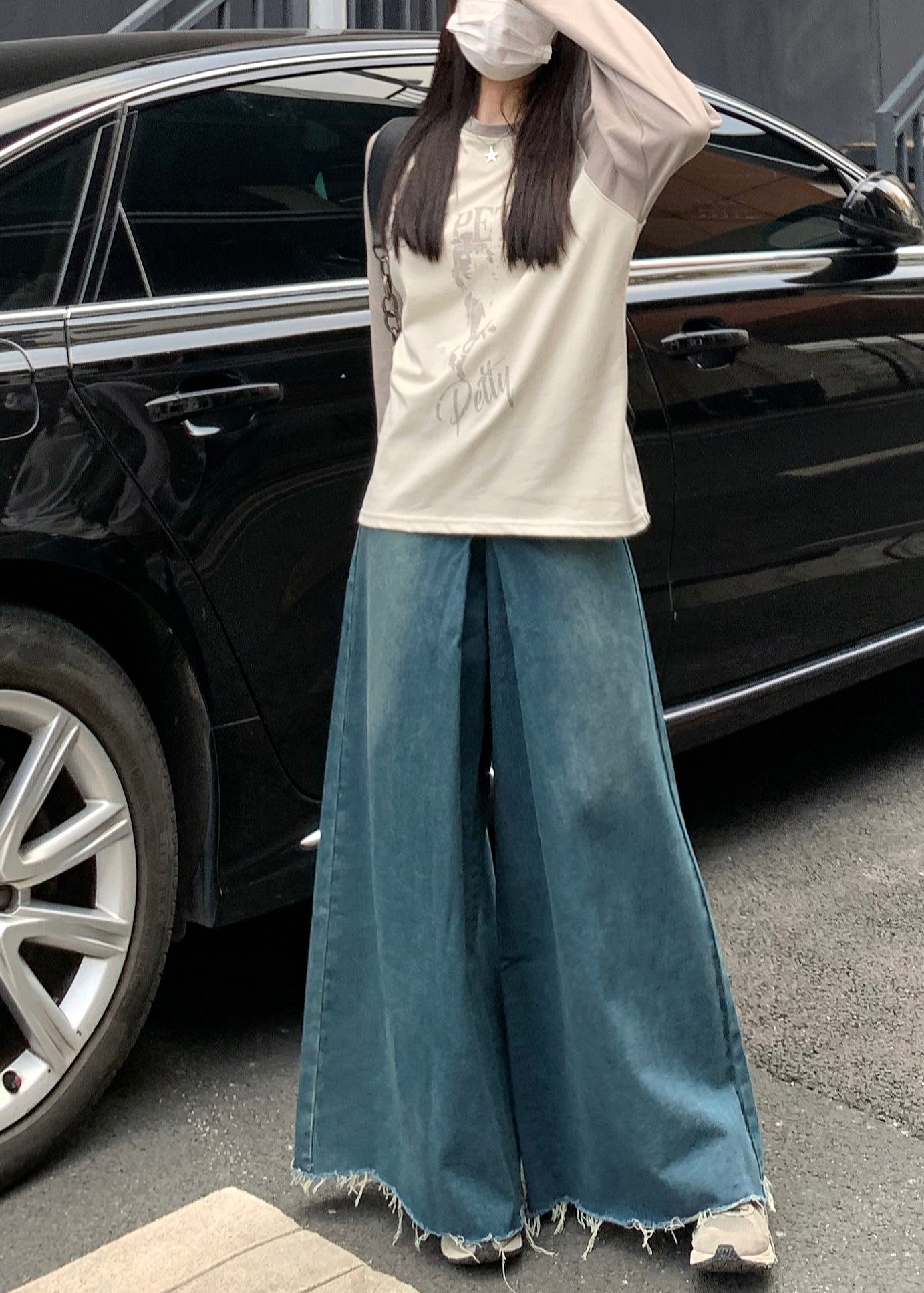Navy Tasseled Denim Wide Leg Pants Skirts Fall