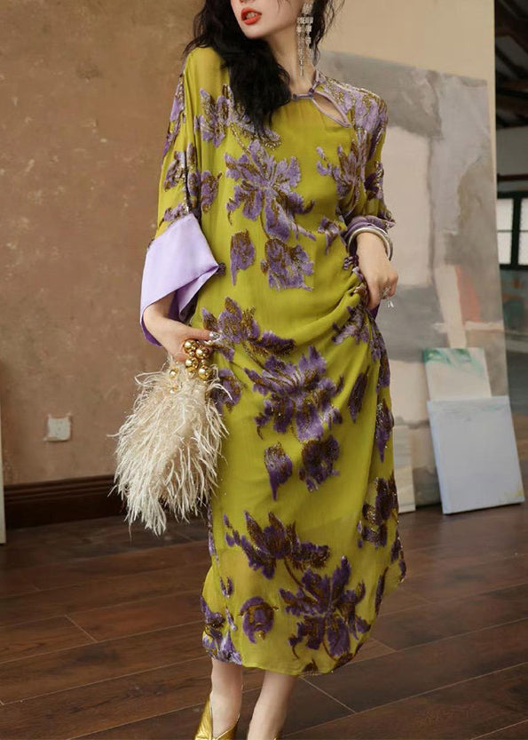 Green Printing Patchwork Chiffon Long Dress Spring
