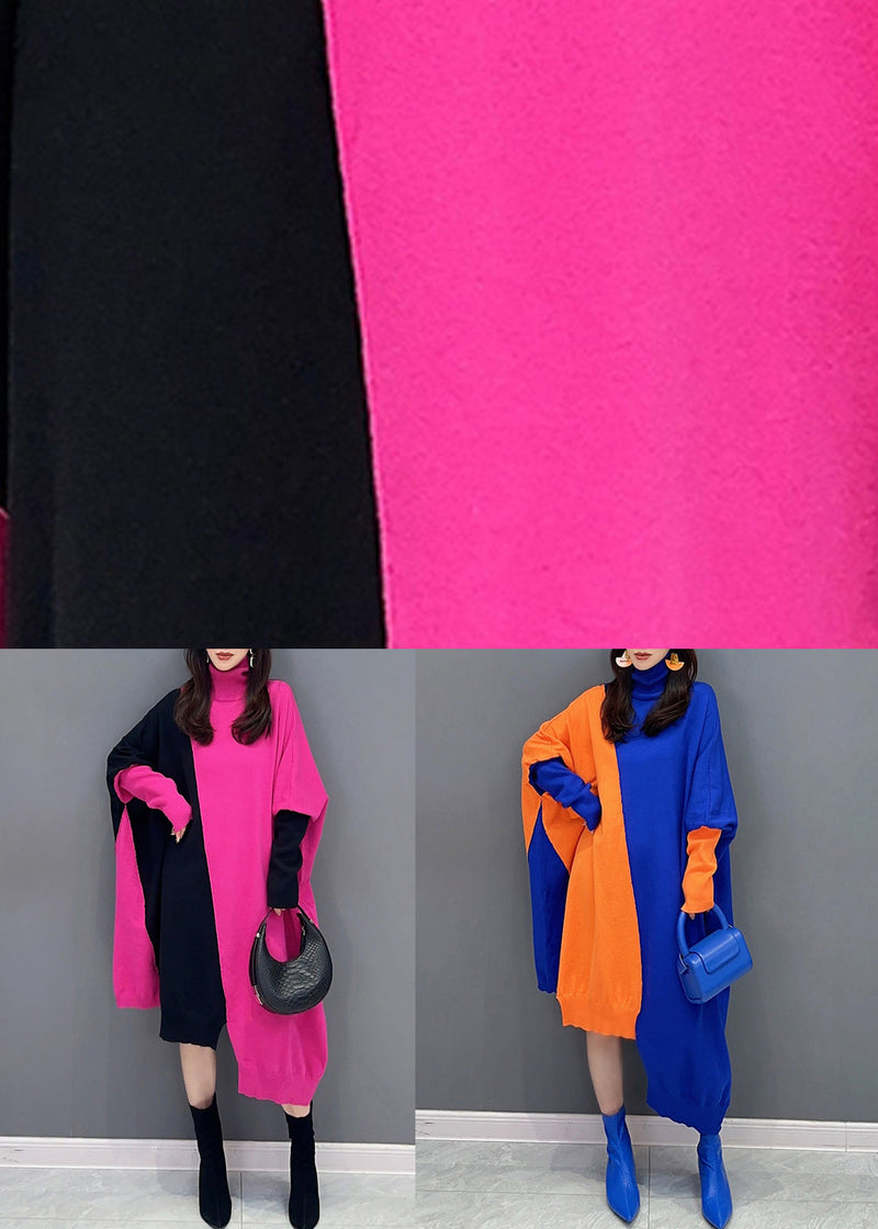 Rose Turtleneck Asymmetrical Patchwork Cotton Knit Long Dress Fall