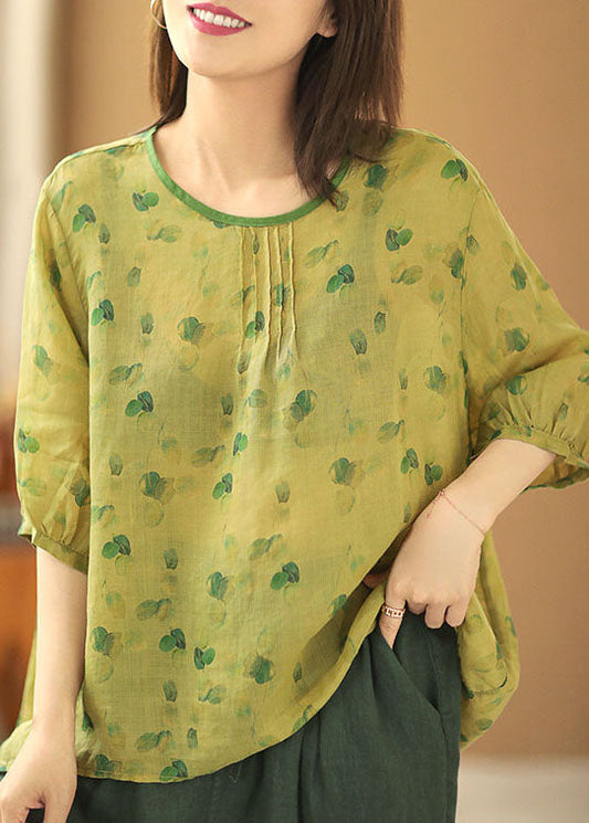 Handmade Green O-neck Wrinkled Tie Dye Print Linen Blouse Tops Bracelet Sleeve