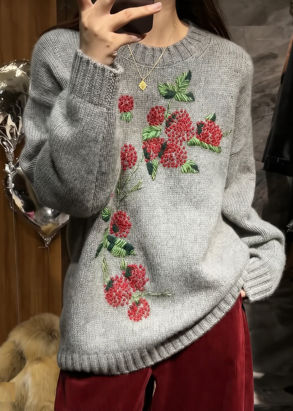 Style Grey O-neck Embroidered Knit Sweaters Fall