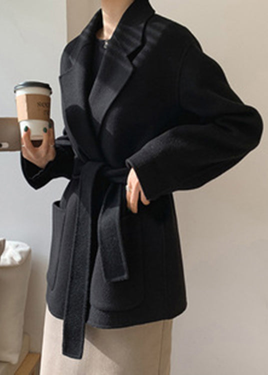 Black Notched Woolen Coats Fall