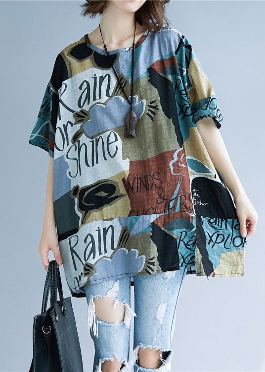 Colorblock Oversized Print Cotton Tops Summer
