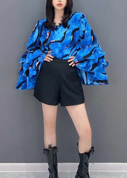 Rose O Neck Striped Patchwork Chiffon Top Petal Sleeve