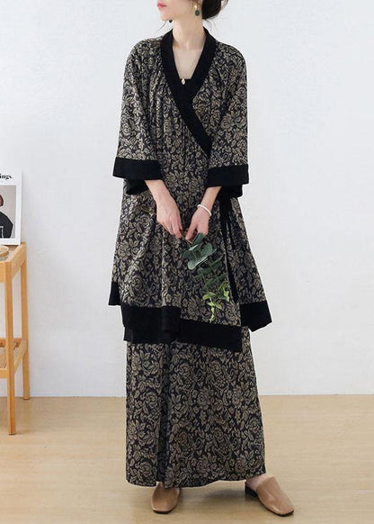 Handmade Beige Patchwork Top Wide Leg Two Pieces Set