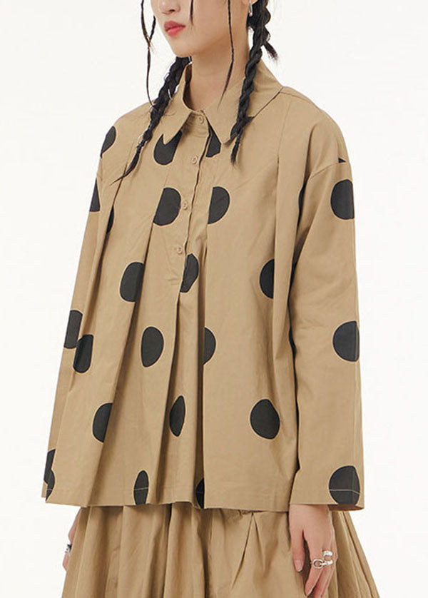 Khaki Peter Pan Collar Dot Print Patchwork Cotton Shirt Spring