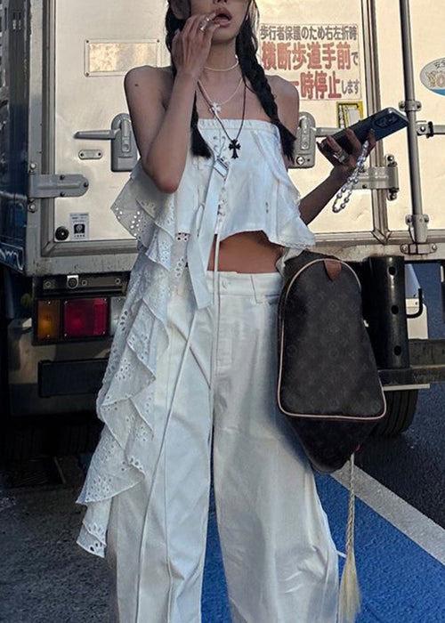 White Asymmetrical Hollow Out Cotton Tank Sleeveless