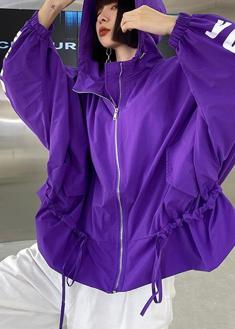 Unique Purple Cotton Letter Zippered Hooded Coat Spring