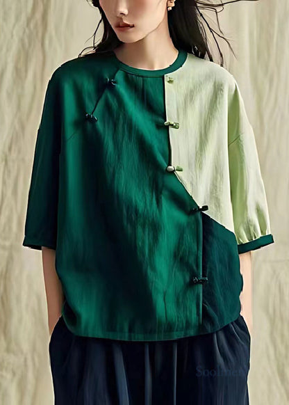 Green Oversized Patchwork Chinese Button Linen Shirt Summer
