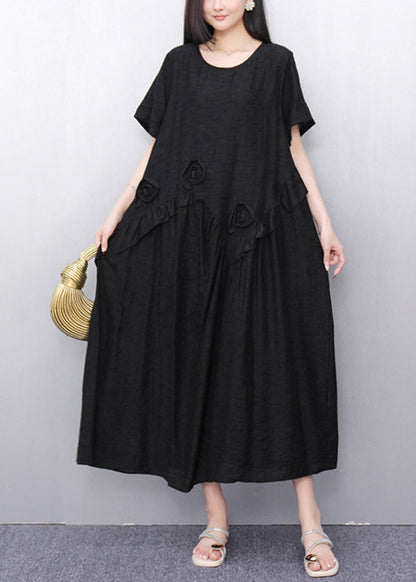 Black O-neck Cotton Long Dress Short Sleeve Summer