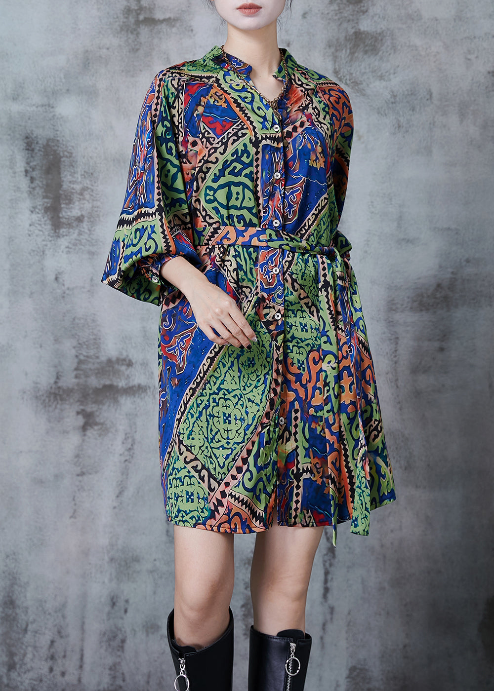 Green Print Draping Silk Tea Dress Spring