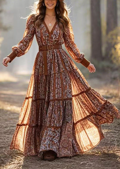 Brown Cinched Exra Large Hem Cotton Party Dress Spring