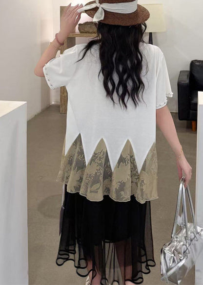 White Oversized Patchwork Tulle Tops Summer