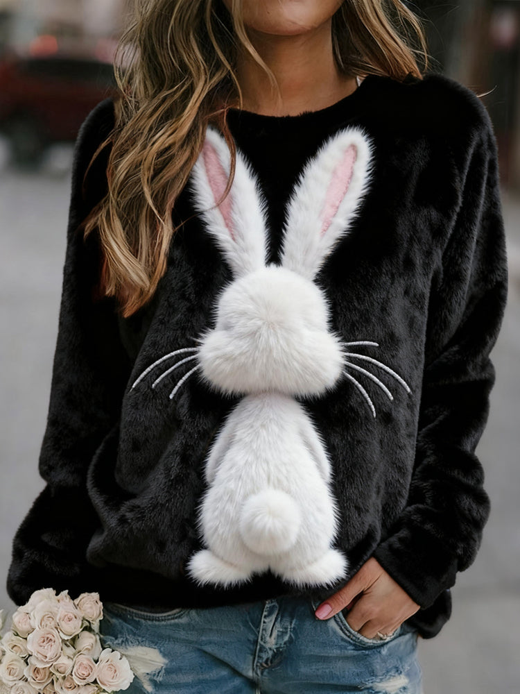 Comstylish Lovely Fuzzy Bunny Art Round Neck Cozy Plush Sweatshirt
