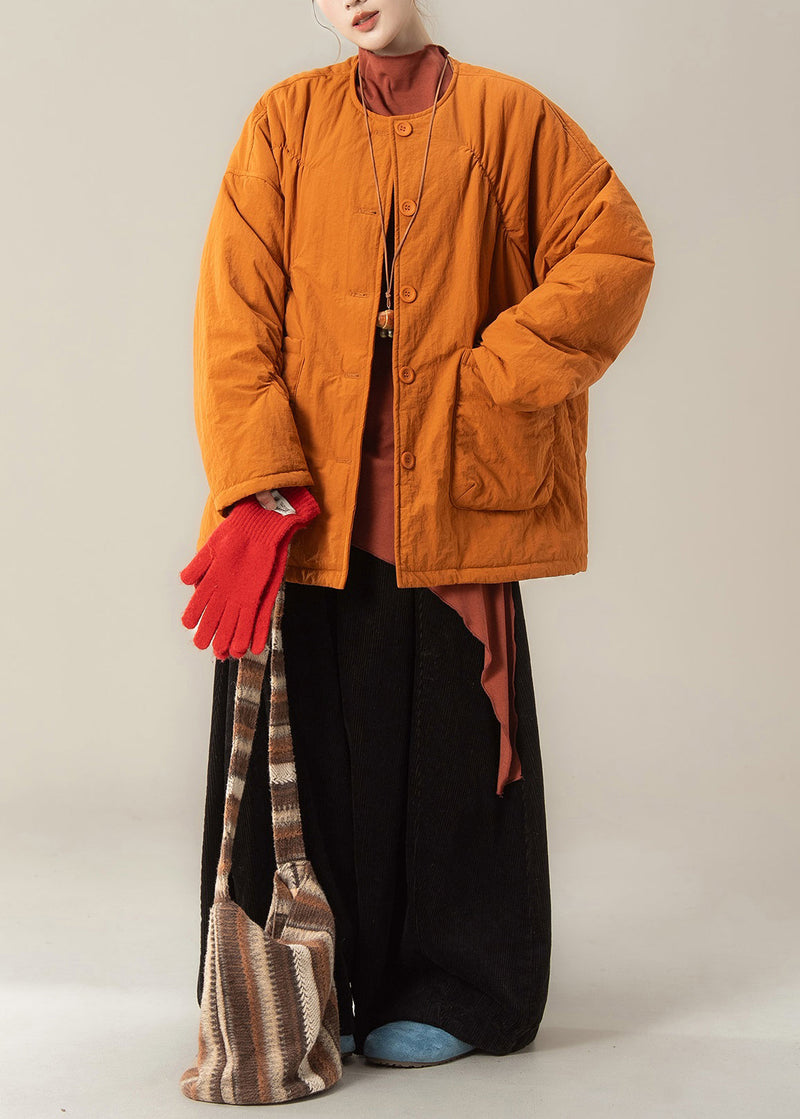 Loose Orange Pockets Parkas and Black Pants Cotton Filled Two Piece Set Winter