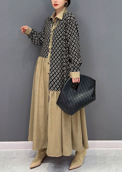 Colorblock Peter Pan Collar Patchwork Wrinkled Print Cotton Dresses Spring