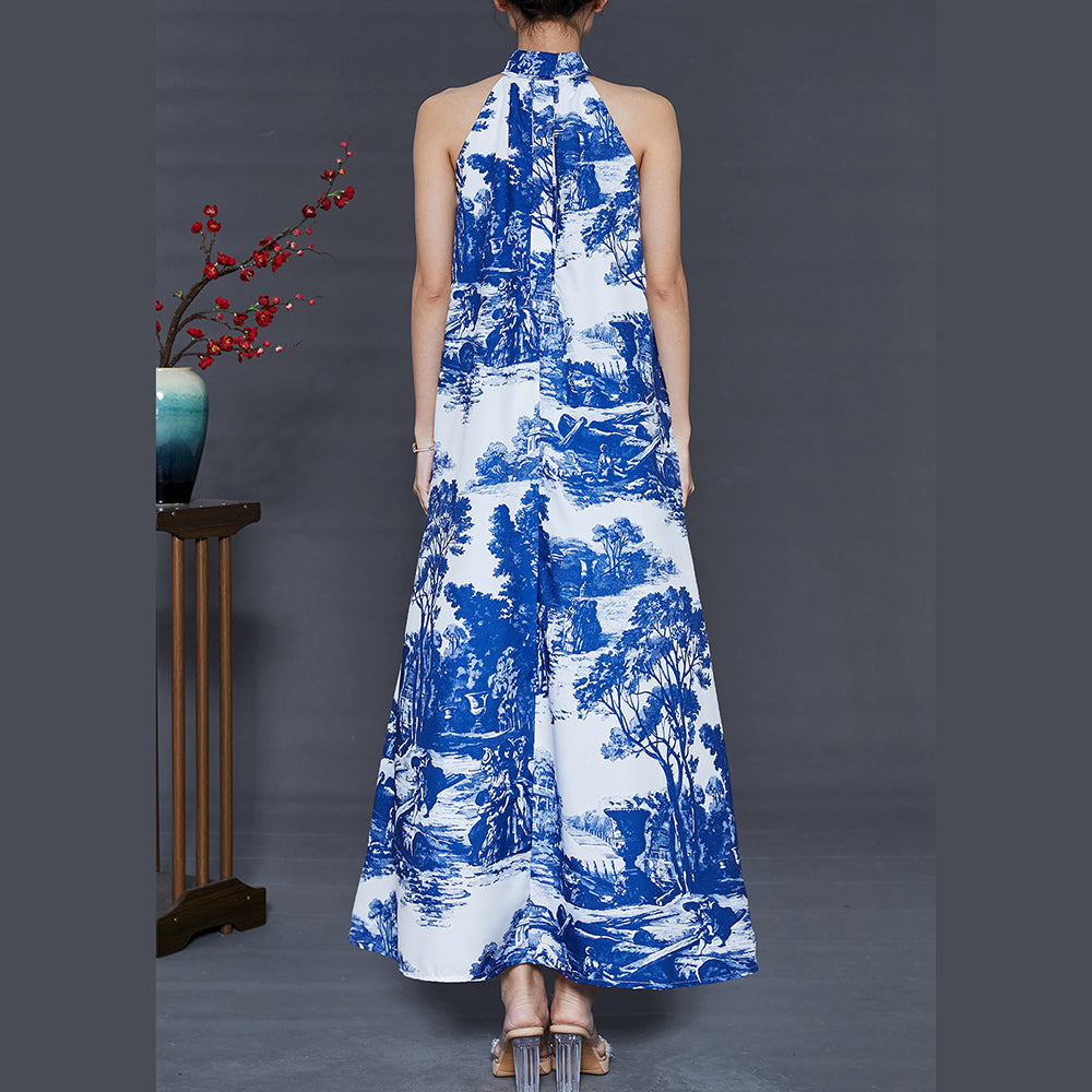 Modern Blue Cold Shoulder Print Cotton a Line Dress Summer
