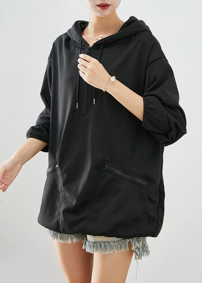 Black Zip Up Hooded Oversized Cotton Sweatshirts Top Fall