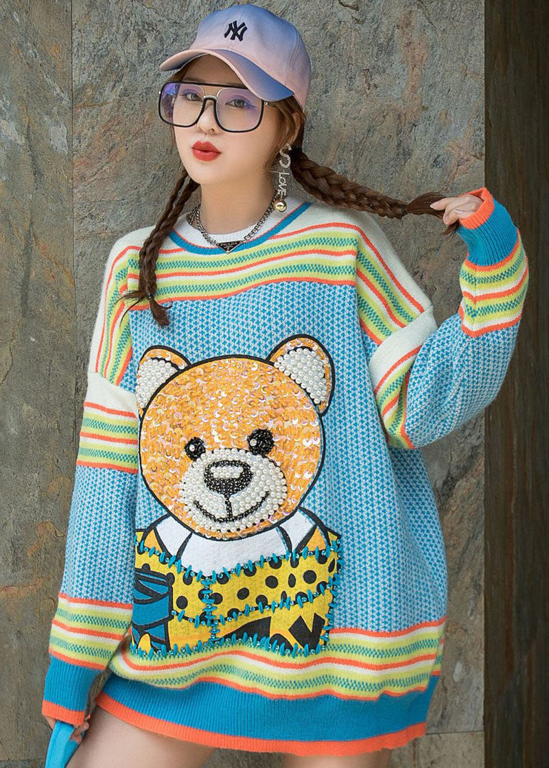 Blue O-neck Nail Bead Patchwork Fall Loose Sweater