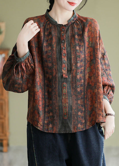 Orange Stand Collar Print Button Linen Shirts Long Sleeve