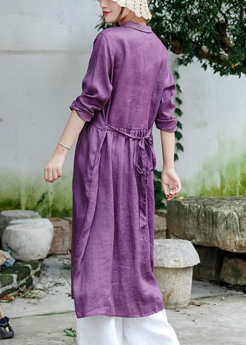 Purple Tunic Notched Tie Waist Spring Dress