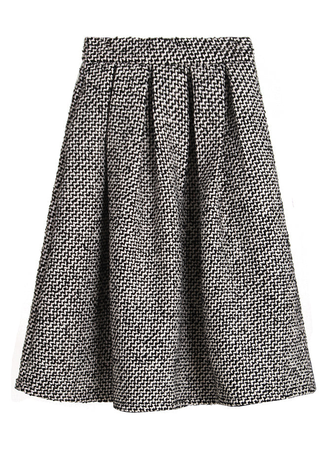 Simple Black White Plaid High Waist Woolen a Line Skirts Spring