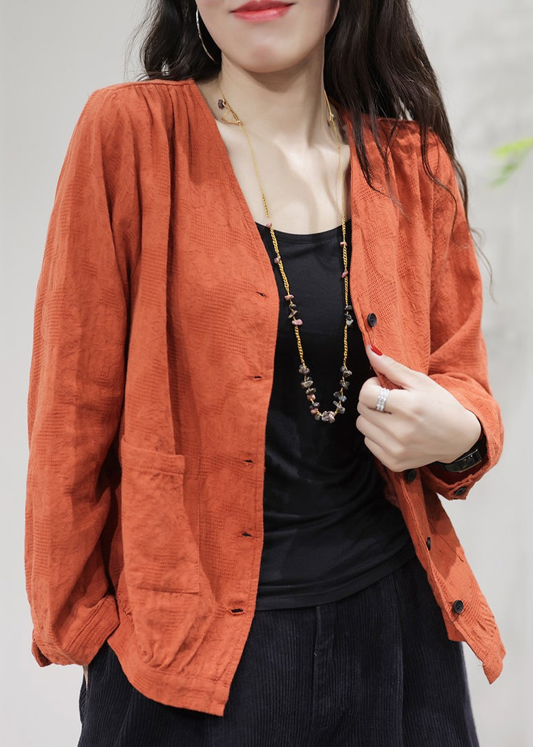 Orange Pockets Cotton Coat Coats V Neck Fall